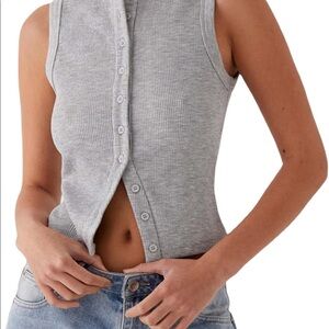 Gray Button Down Tank Top Ribbed Summer Vest Slim Fit Crop Shirt